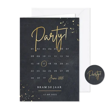 Stoere uitnodiging voor een feestje met kalender en party